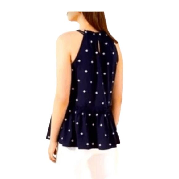 Loft Embroidered Floral Print Halter Top Navy Blue White Off The Shoulder Peplum - Picture 2 of 9